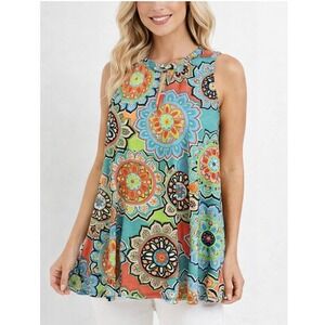 Womens Boho Medallion Print Sleeveless Tunic Top Swing A-Line Keyhole Neck L XL